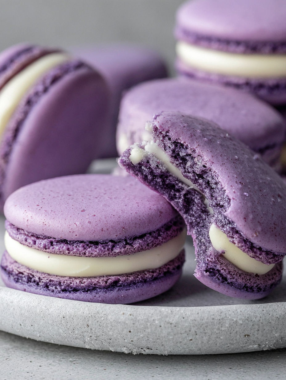 A plate of purple macarons.