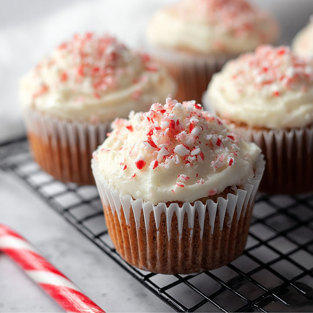 A tray of candy cane cupcakes.