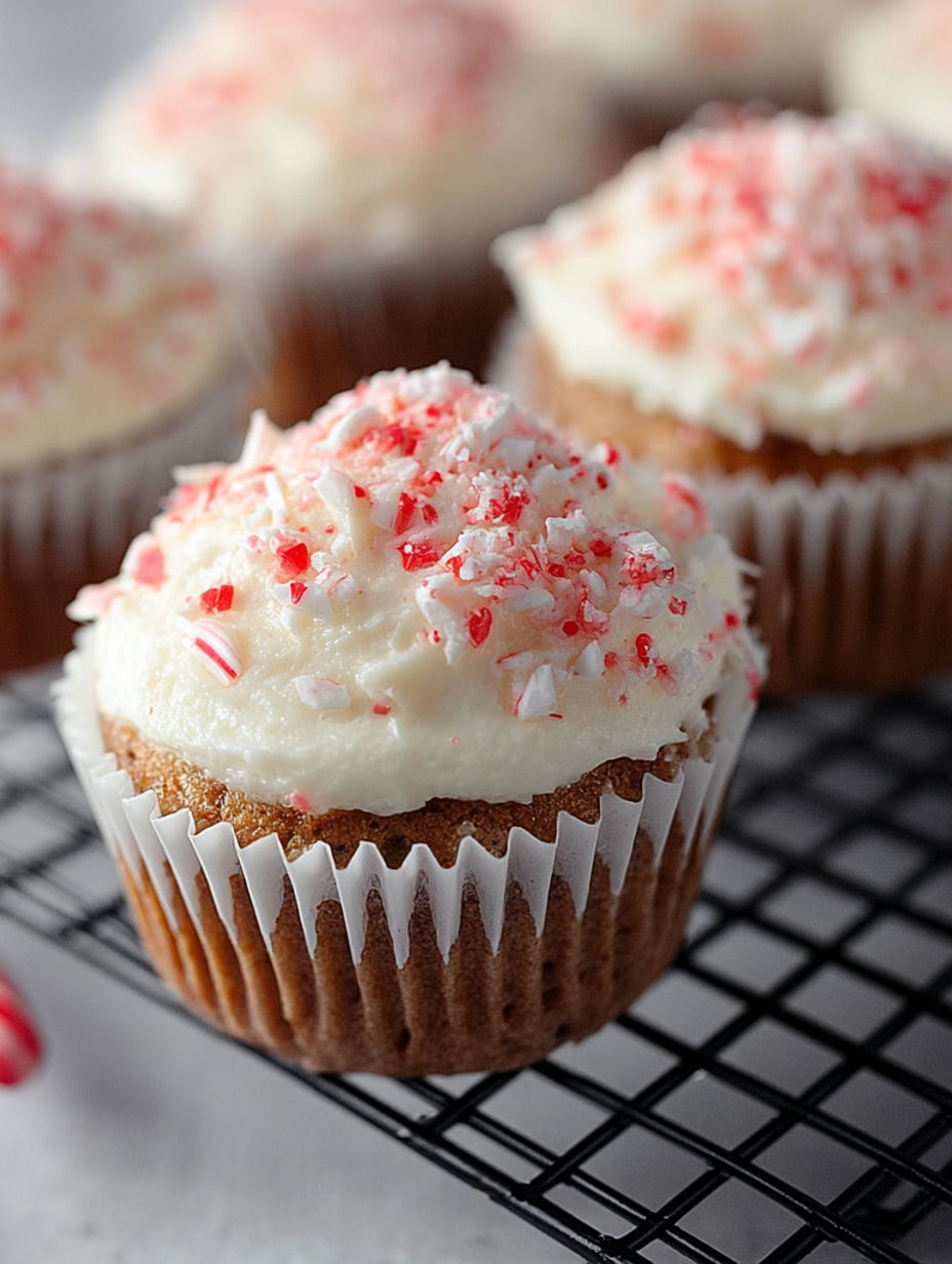 A cupcake with red and white frosting.