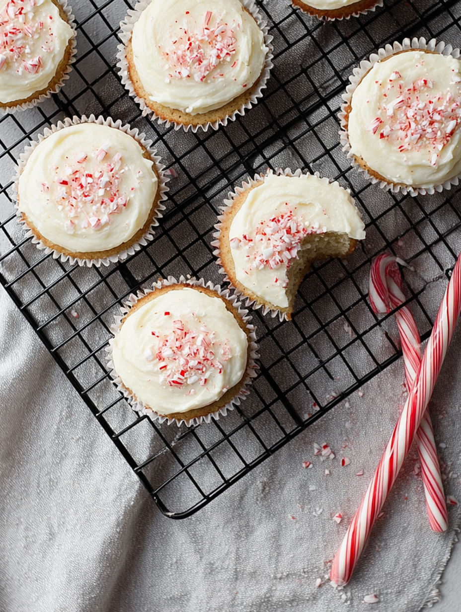 A tray of candy cane cupcakes.