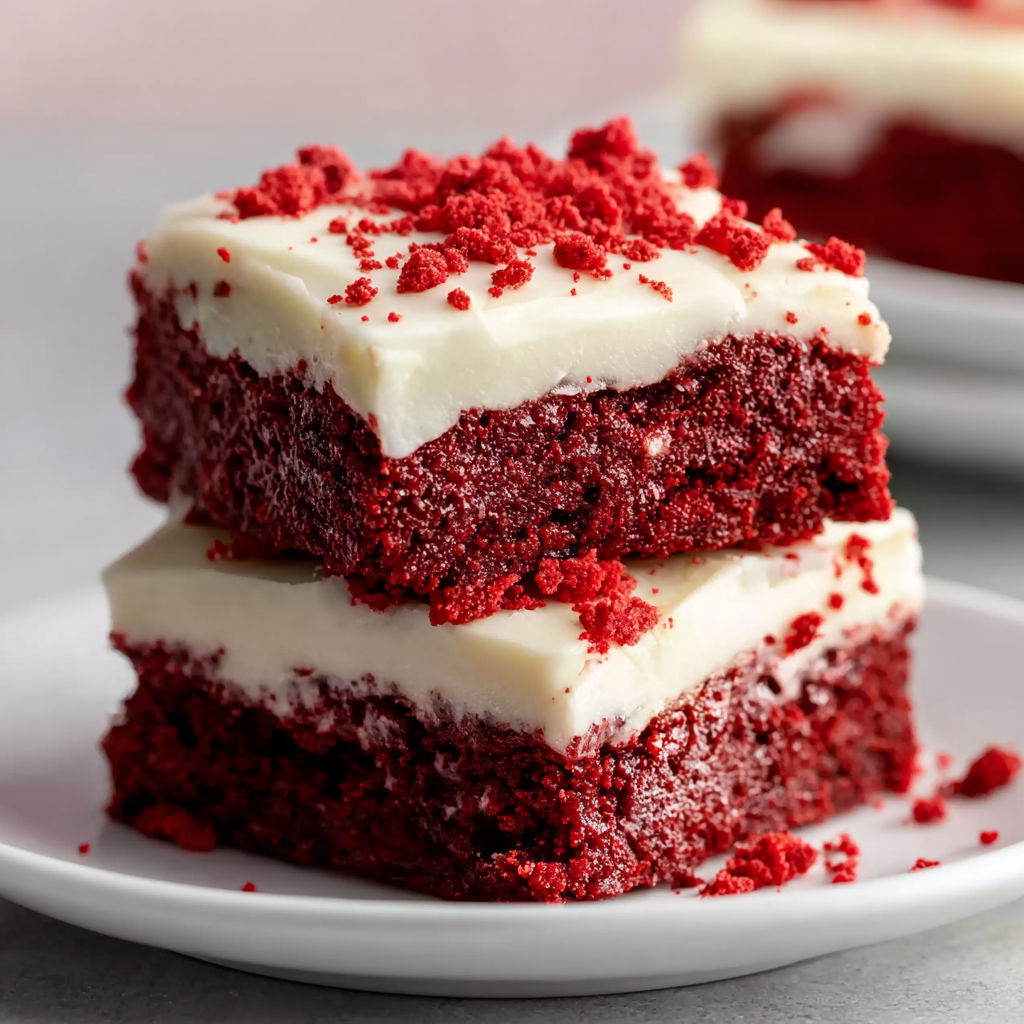 A plate with three pieces of red velvet cake.
