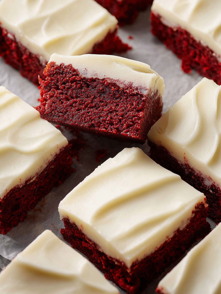 Red velvet brownies with cream cheese frosting.