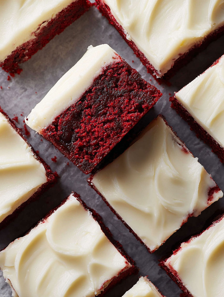 Red velvet brownies with cream cheese frosting.