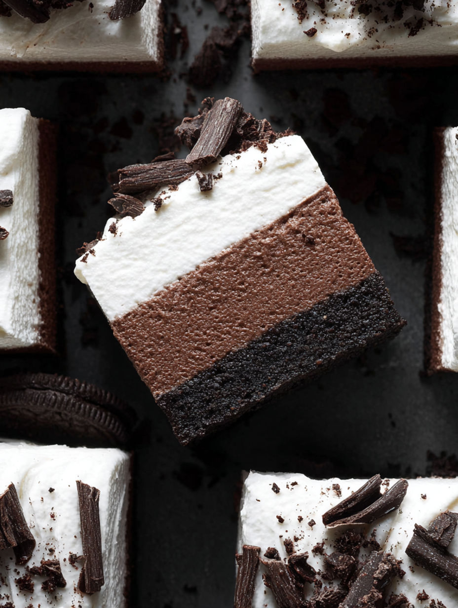 A slice of chocolate cream pie bars.