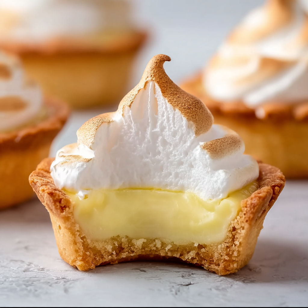A close up of a mini lemon meringue tart.