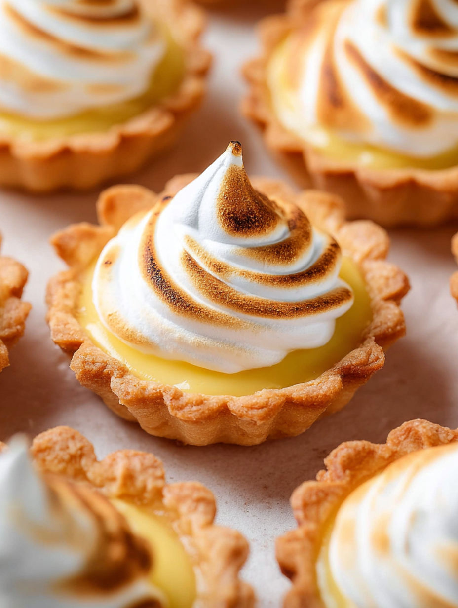 A close up of a mini lemon meringue tart.