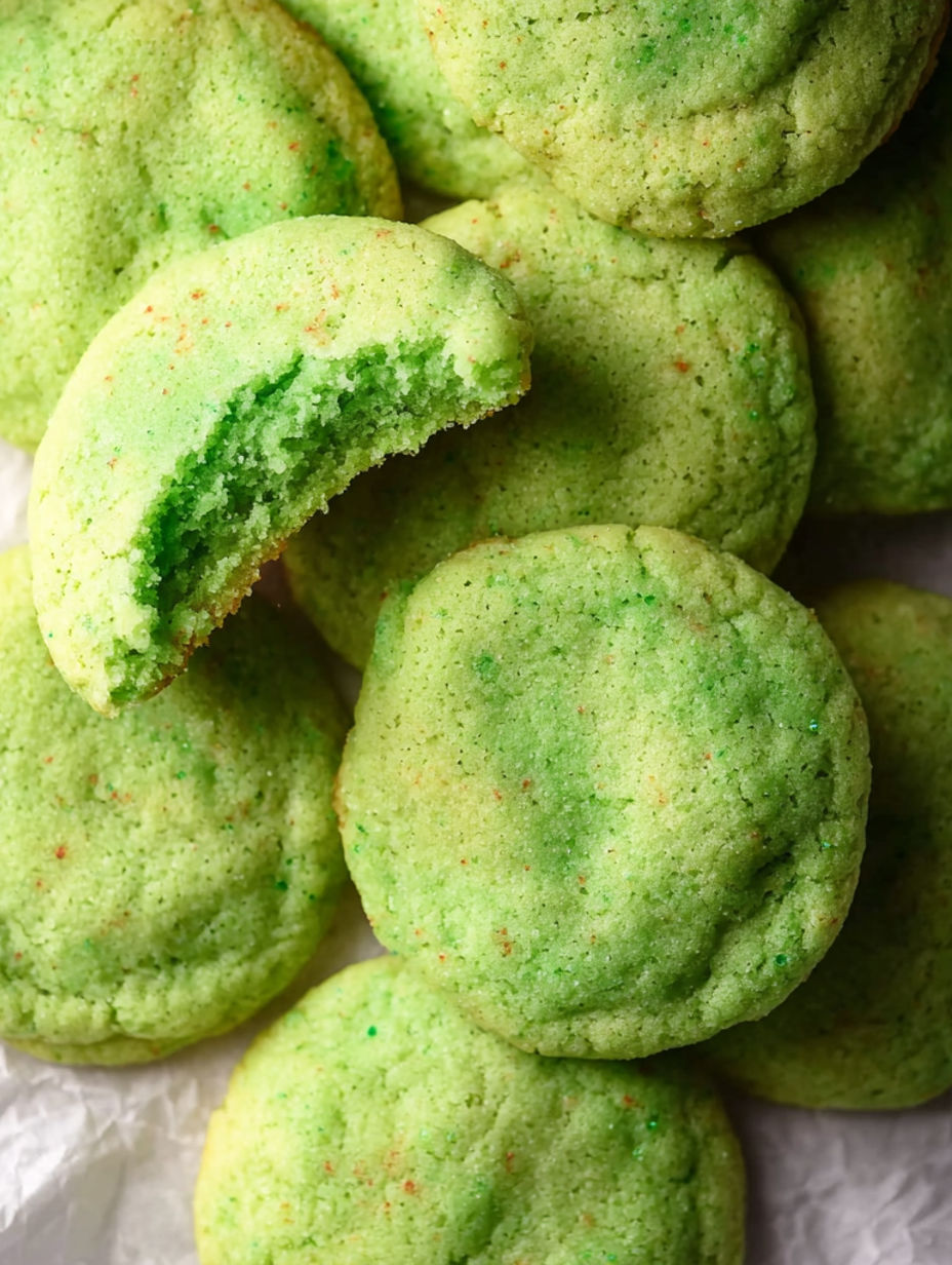 Green and orange cookies on a table.