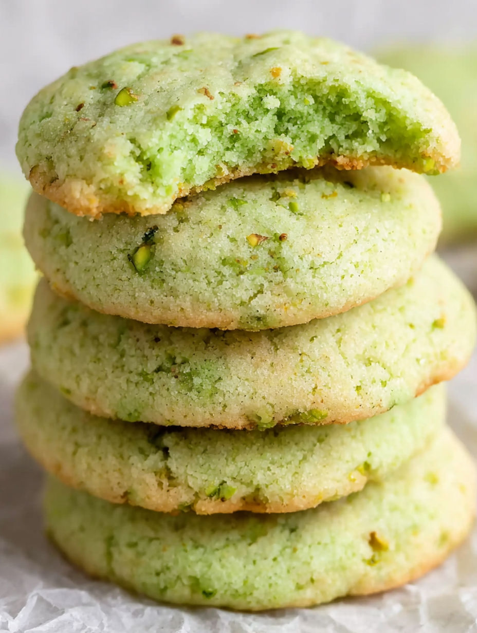 Green cookies stacked on top of each other.