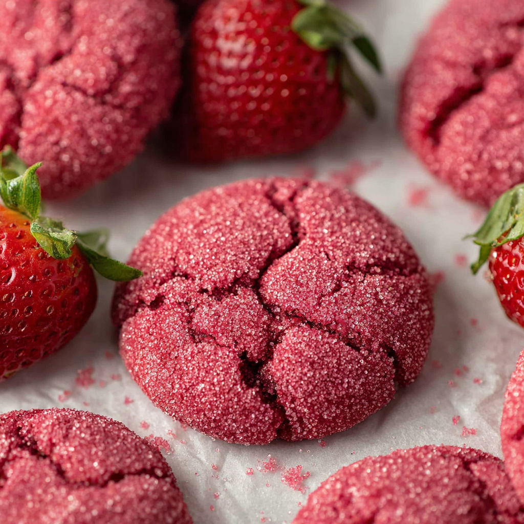 A close up of a red strawberry with a cookie.
