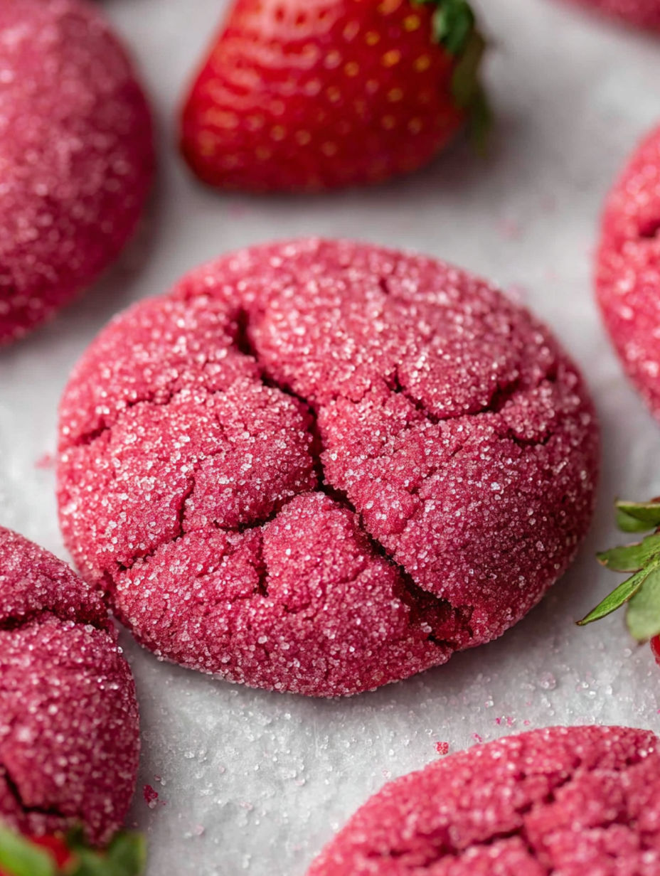 A close up of a red cookie with sugar on it.