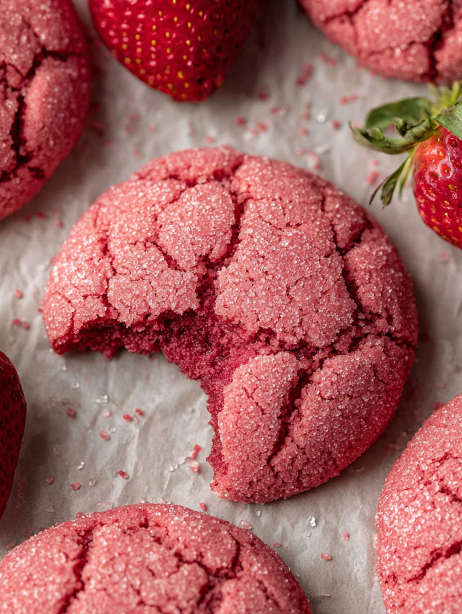 A pink cookie with a bite taken out of it.