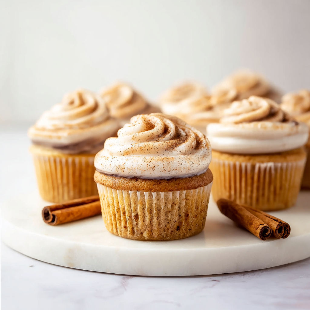 A plate of cupcakes with a cinnamon stick on top.