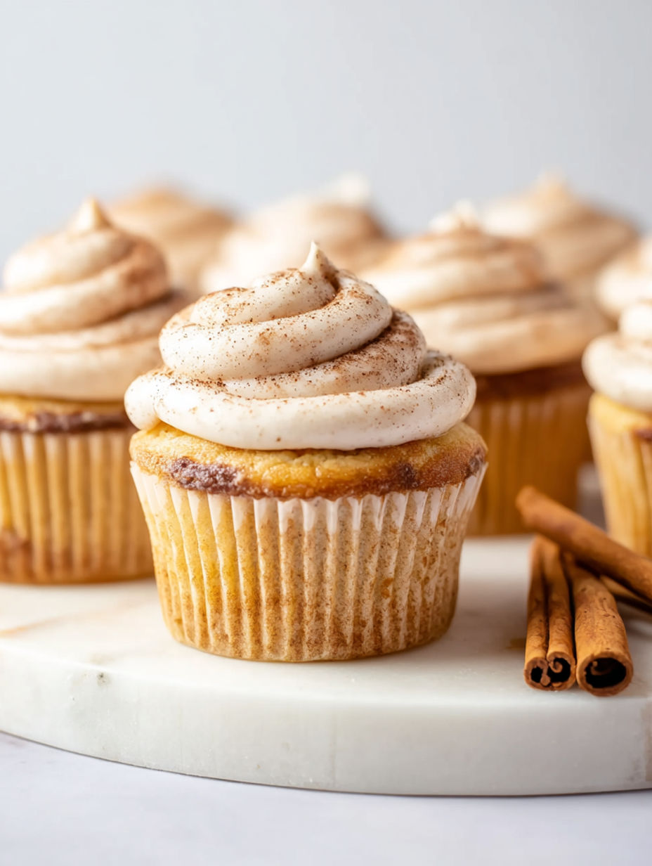 A cupcake with a white frosting and cinnamon sprinkled on top.