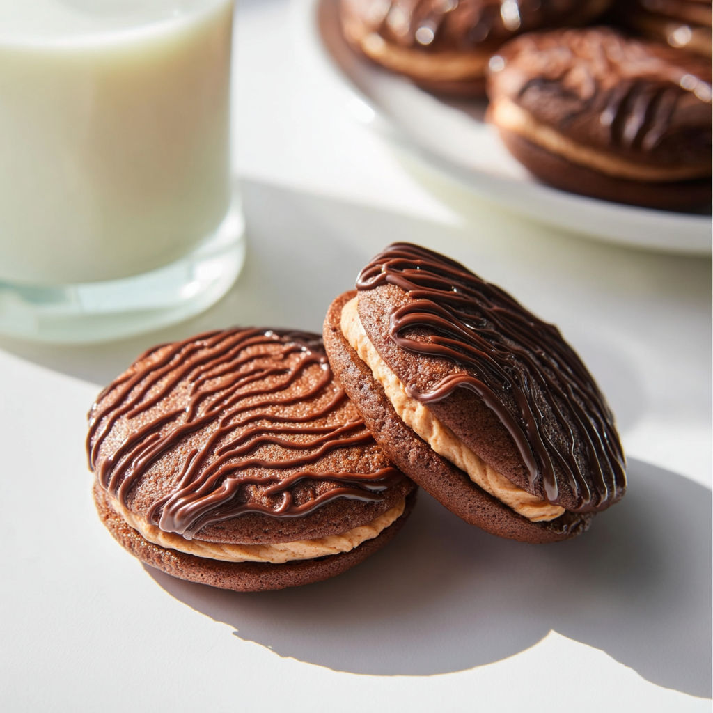 Two chocolate cookies with stripes.
