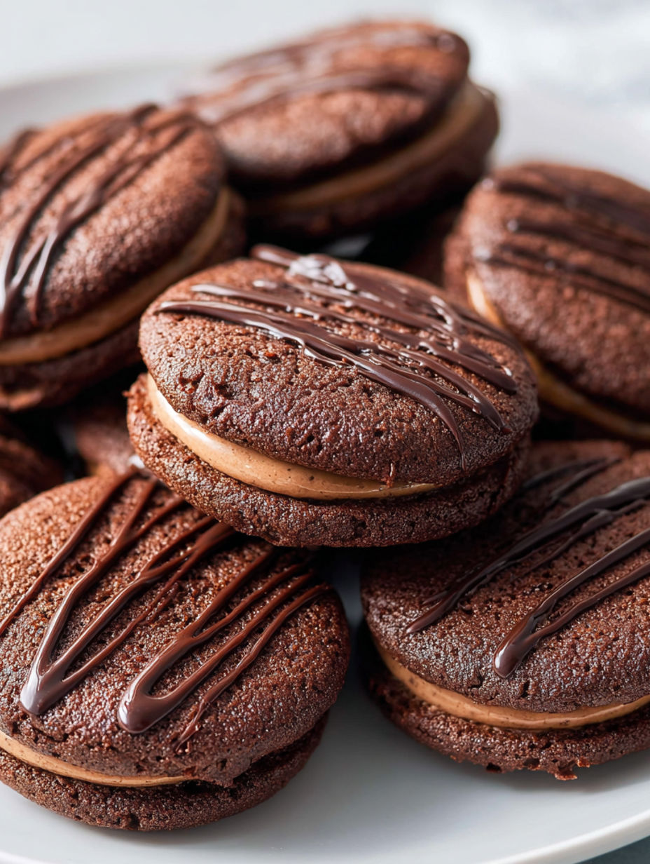 Chocolate cookies with peanut butter and chocolate drizzle.