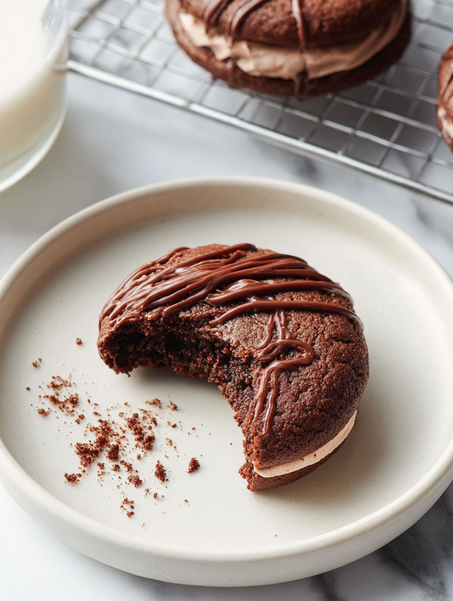 A chocolate covered cookie with a bite taken out of it.