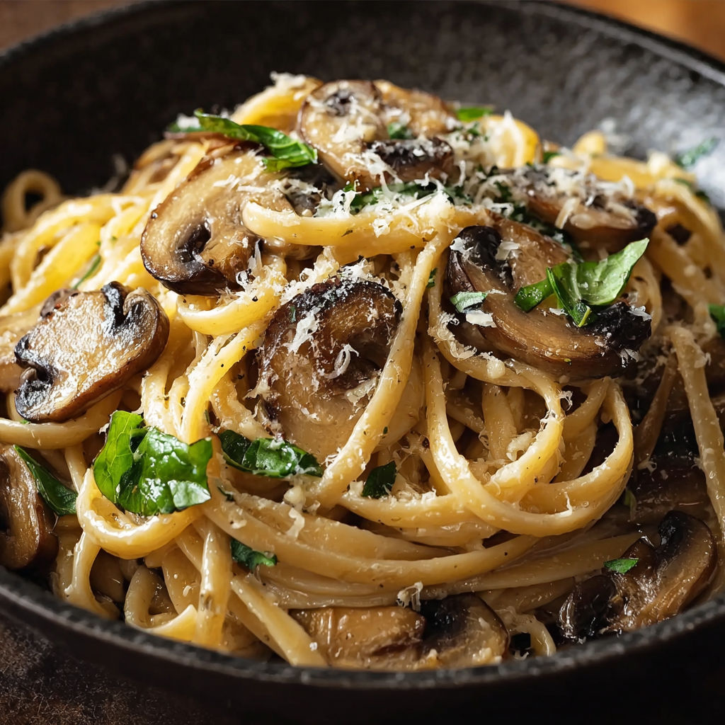 A bowl of pasta with mushrooms and cheese.