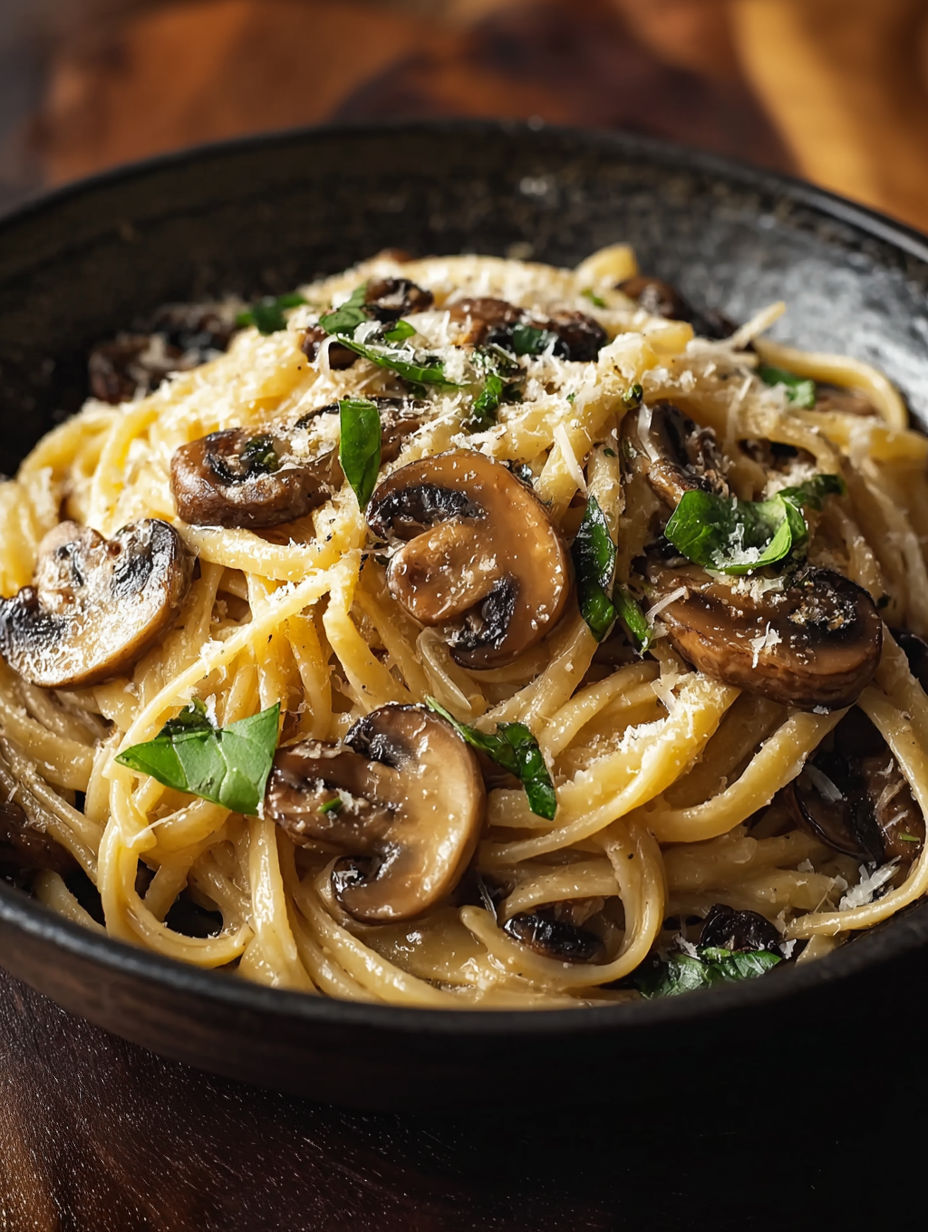 A bowl of pasta with mushrooms and herbs.