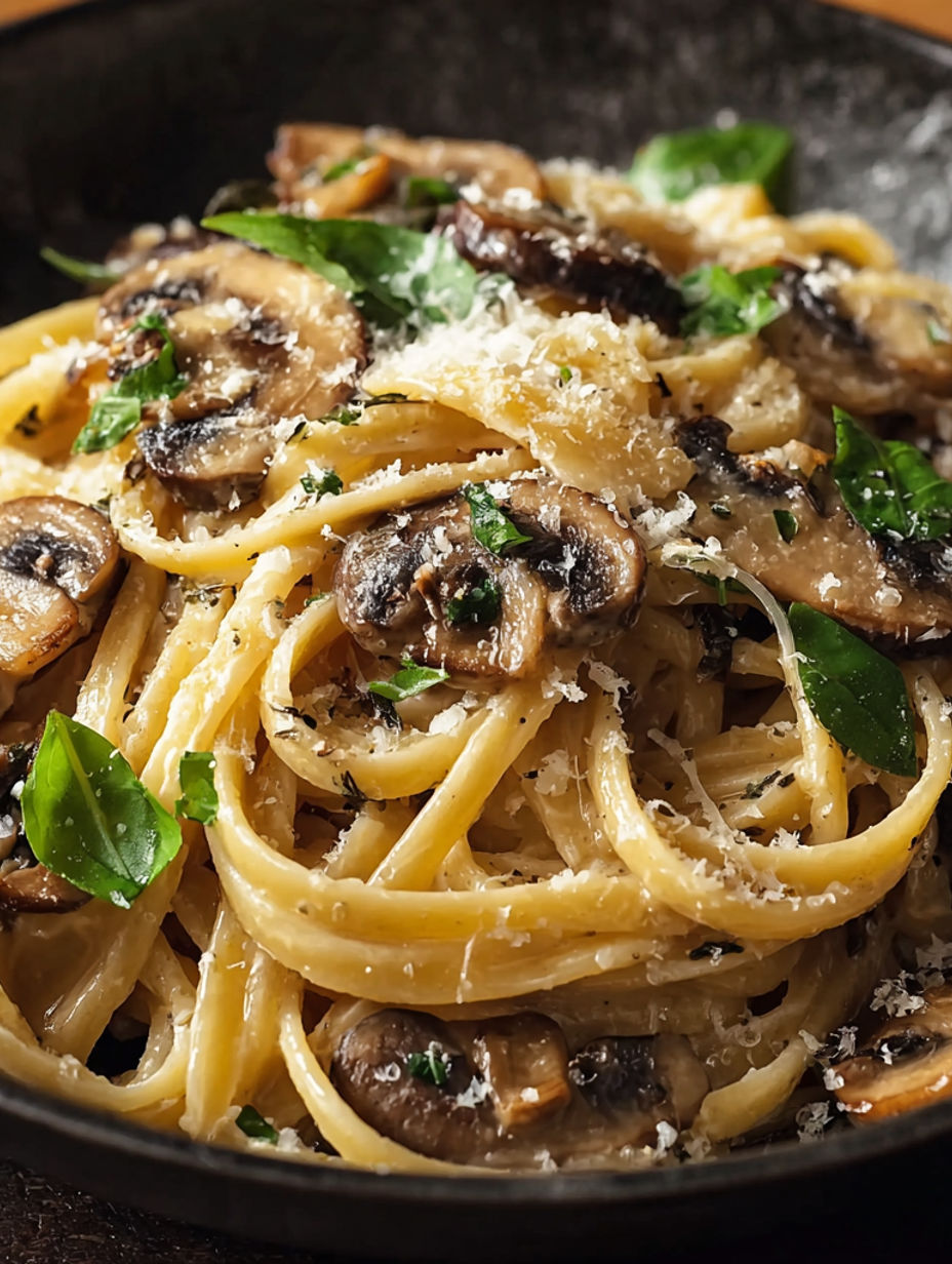 A bowl of pasta with mushrooms and cheese.