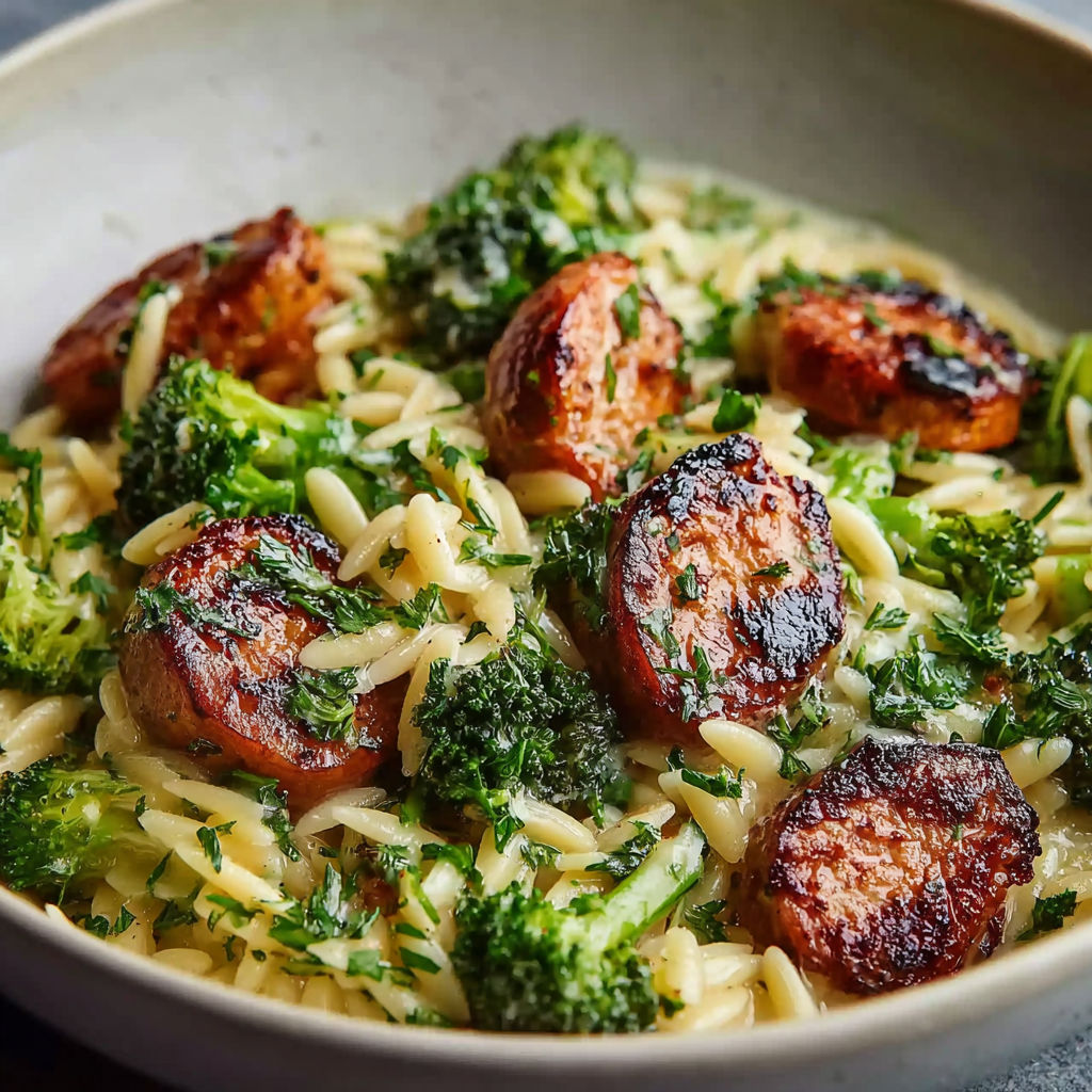 A bowl of chicken sausage and broccoli orzo.