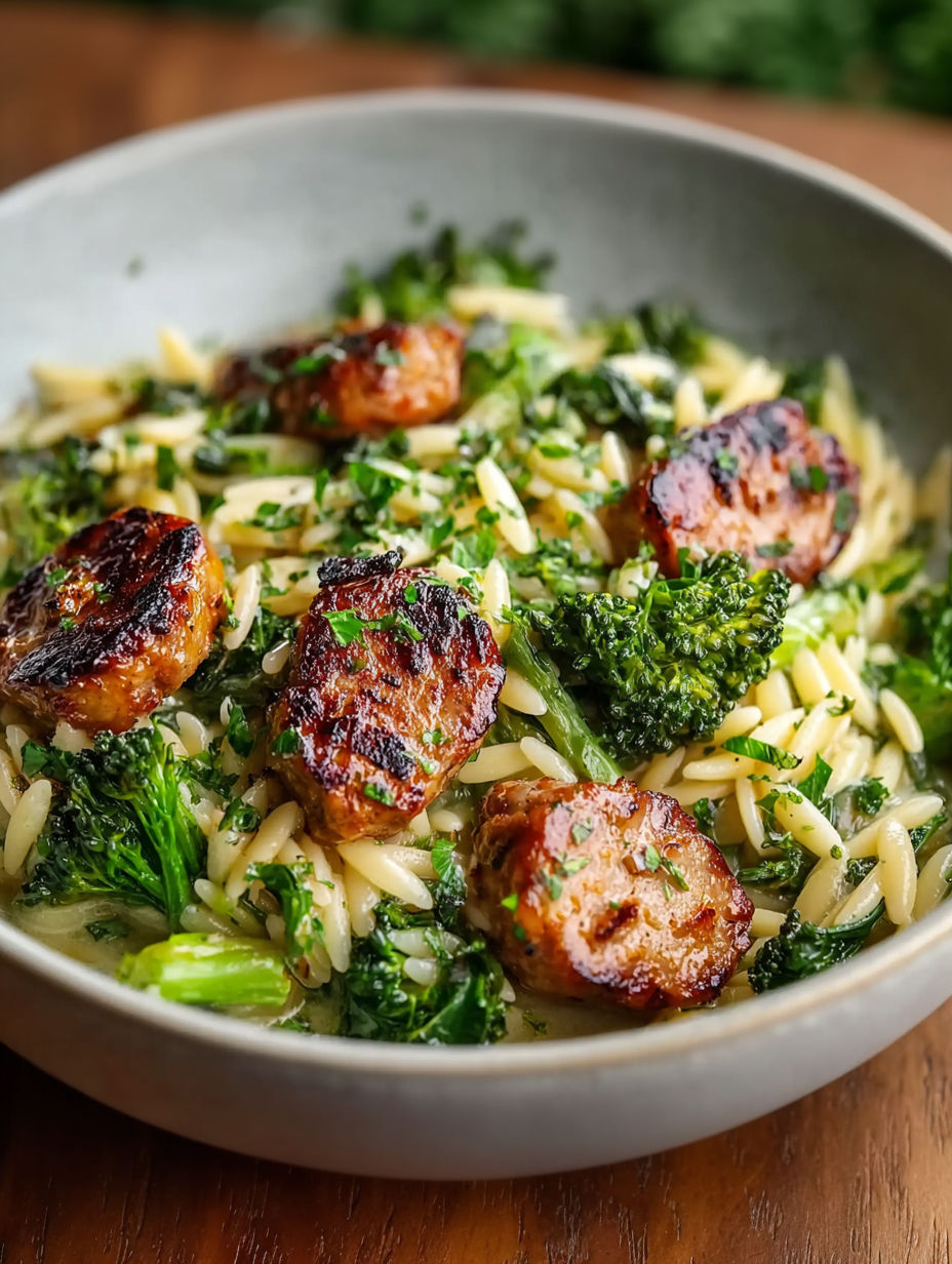 A bowl of chicken sausage and broccoli orzo.