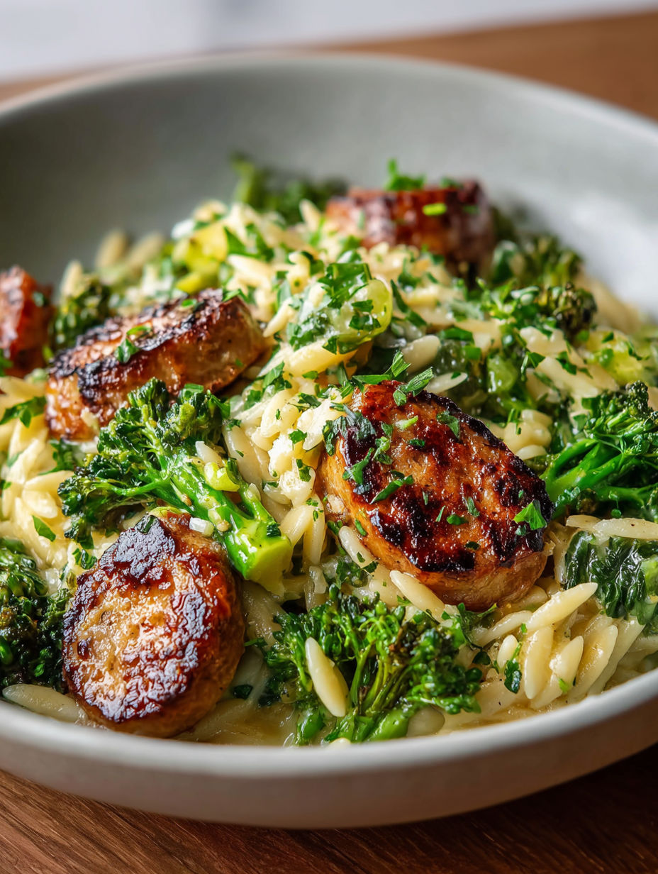 A bowl of chicken sausage and broccoli orzo.