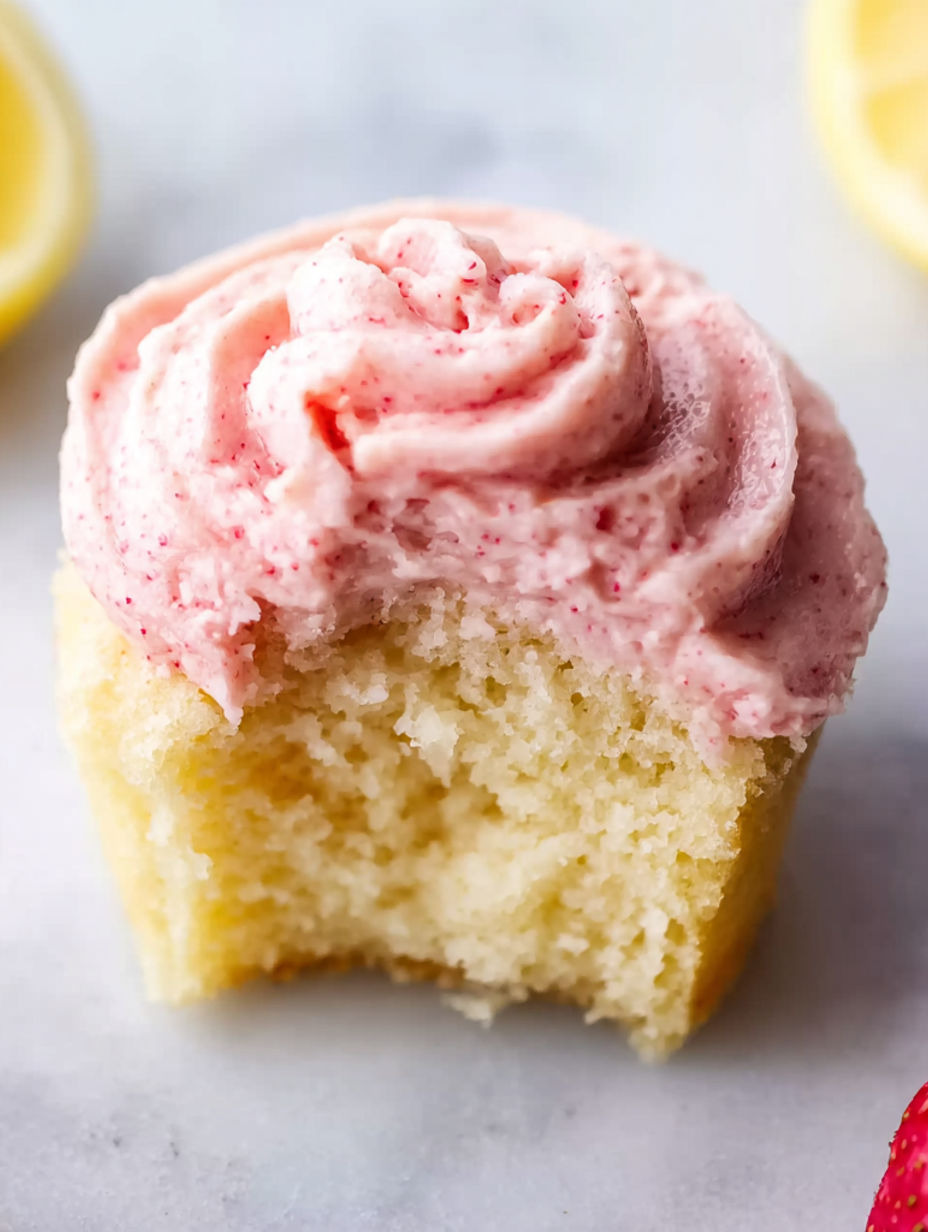 A slice of cake with a pink frosting and a lemon wedge on top.