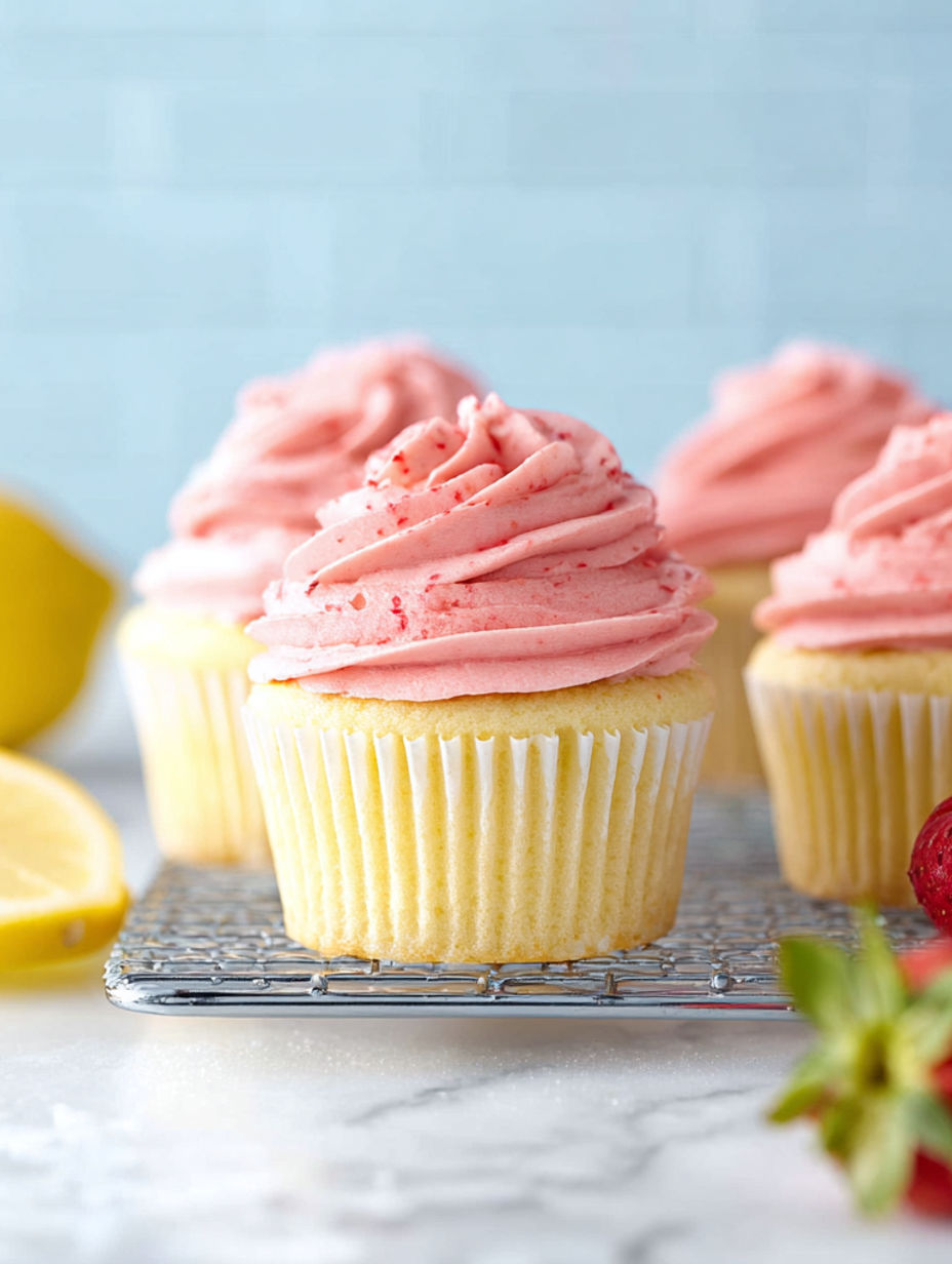 A cupcake with pink frosting and red sprinkles.