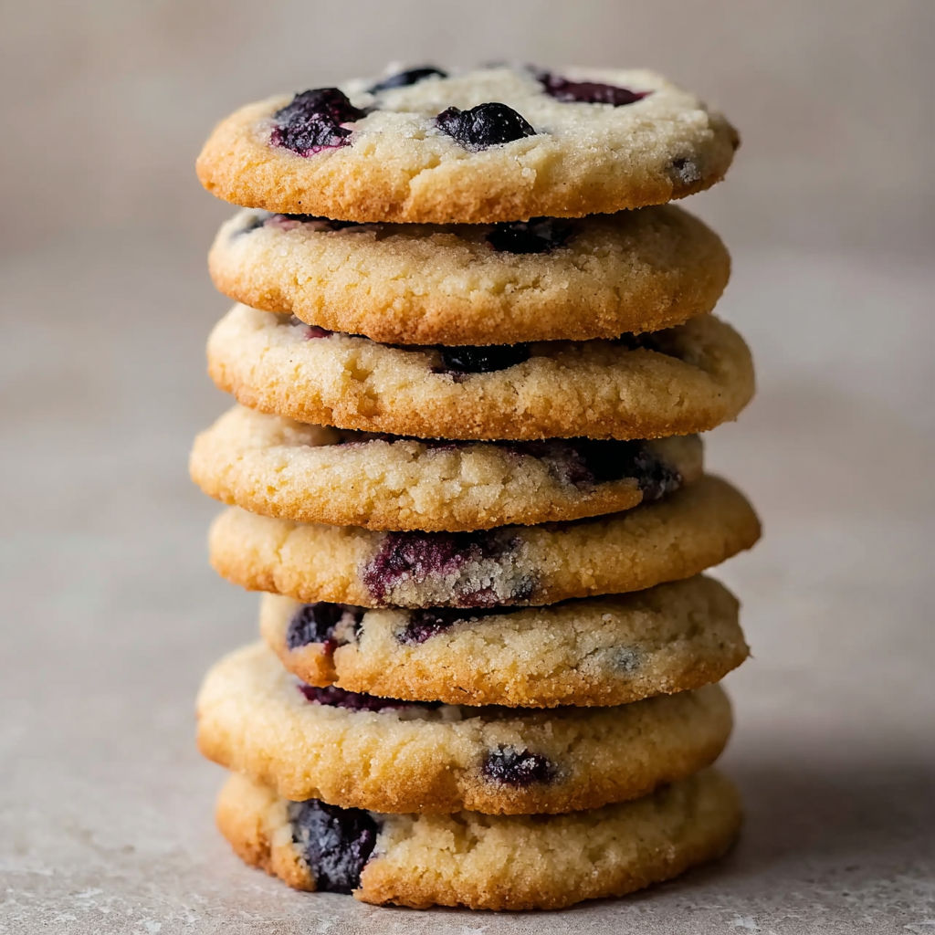 A stack of cookies with blueberries on top.