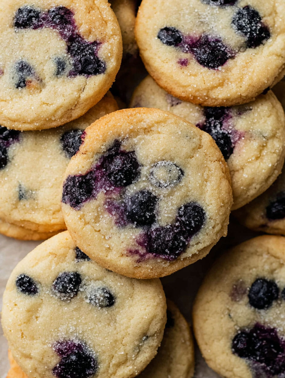 A stack of cookies with blueberries on top.
