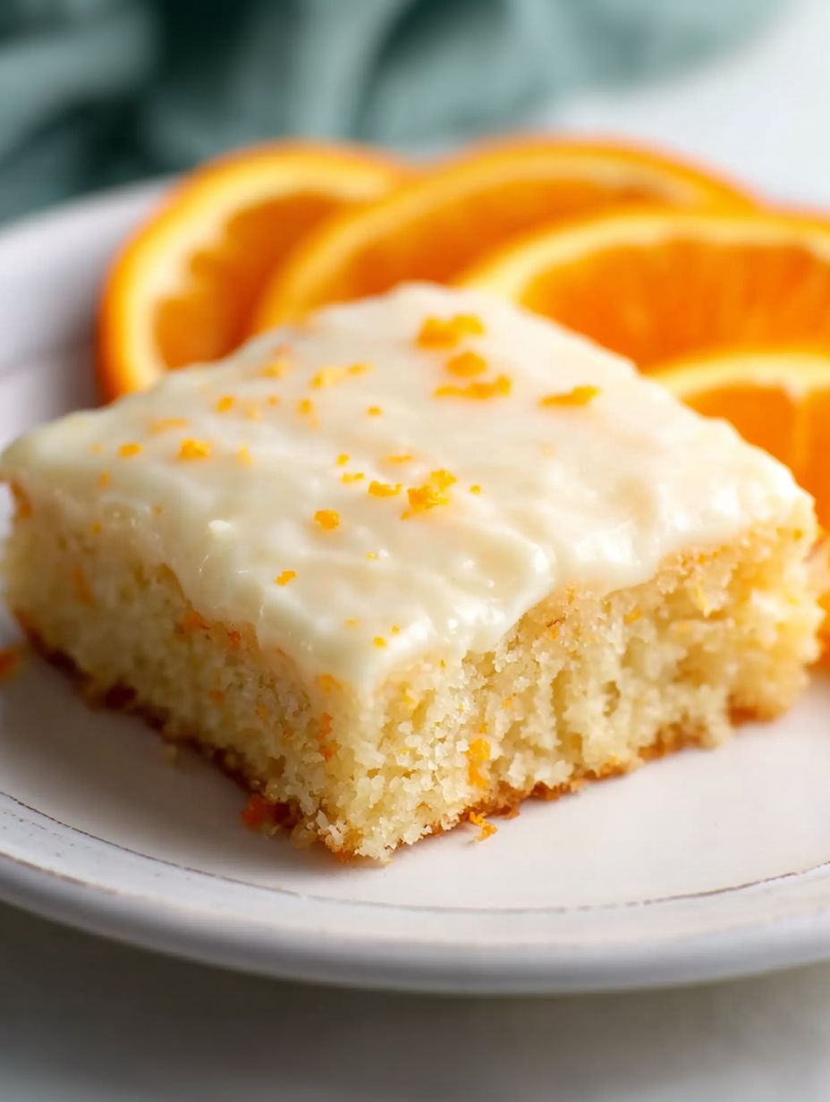 A slice of blonde orange brownies with orange slices on the side.