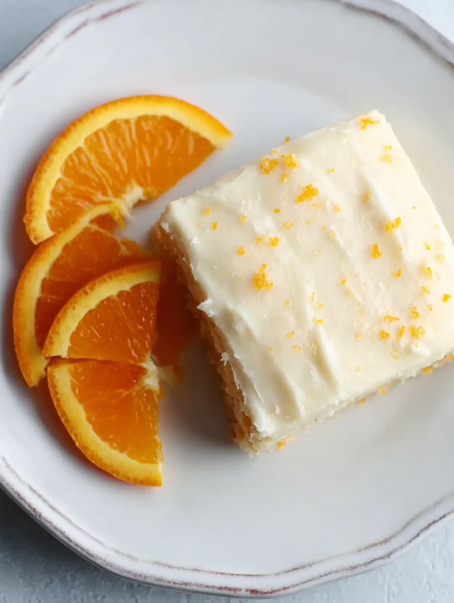 A slice of blonde orange brownies with orange slices on the side.