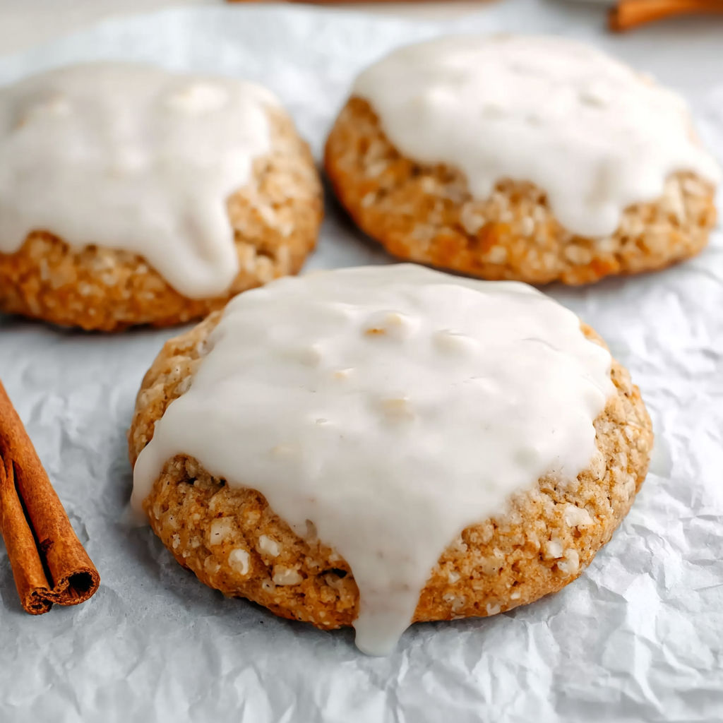 A close up of a cookie with white frosting and cinnamon sprinkled on top.