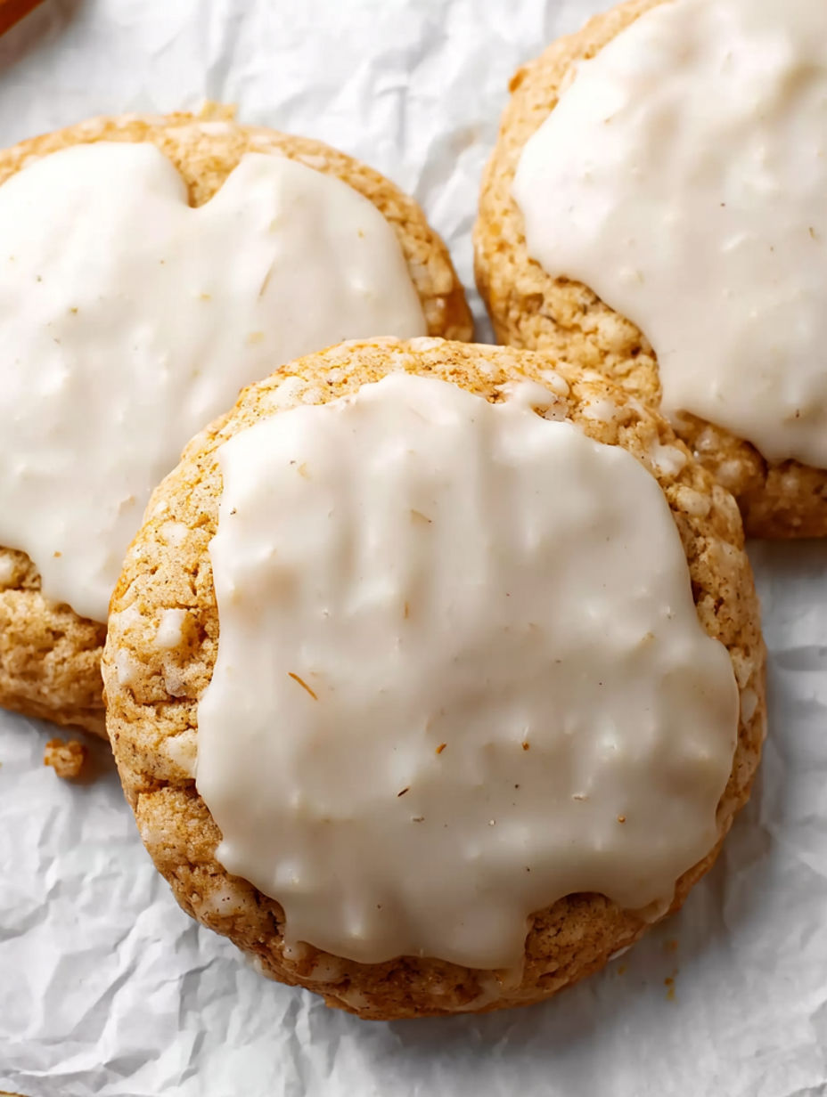 A cookie with white frosting on top.