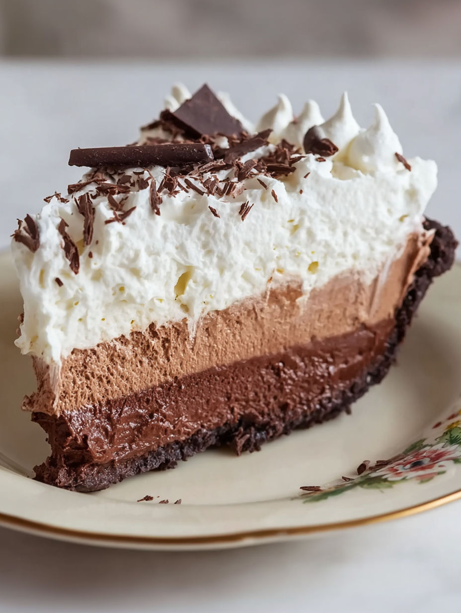 A slice of pie with chocolate and white toppings.