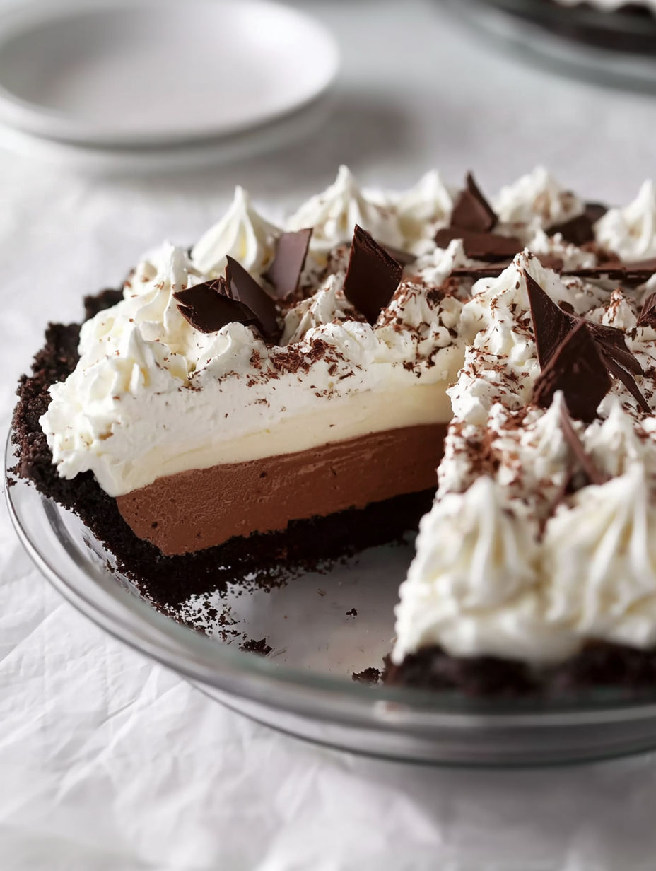 A slice of chocolate cake with white whipped cream.