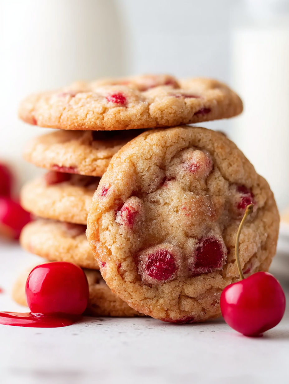 A stack of cookies with cherries on top.