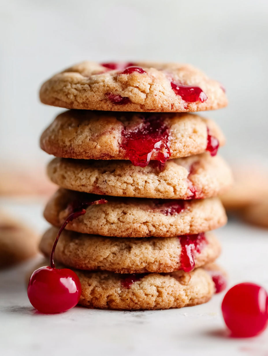Cherry cookies stacked on top of each other.