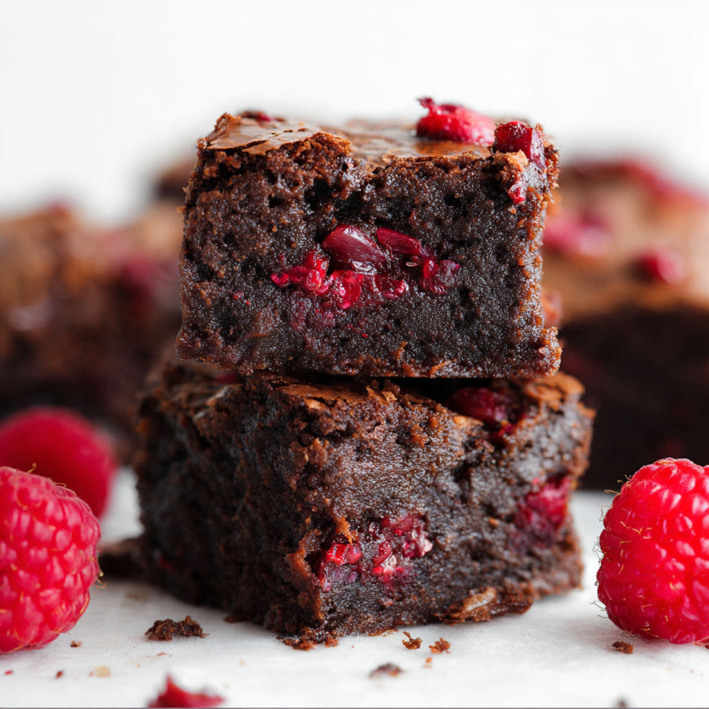 A close up of a delicious chocolate brownie with raspberries on top.