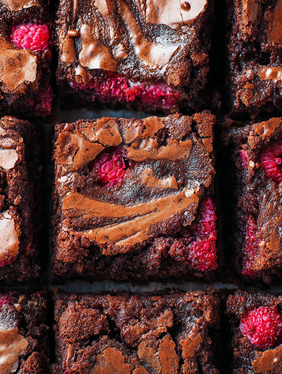 A close up of a chocolate brownie with a raspberry on top.