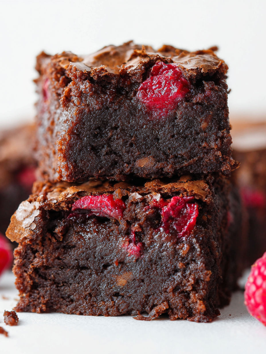 A slice of chocolate brownie with a raspberry on top.