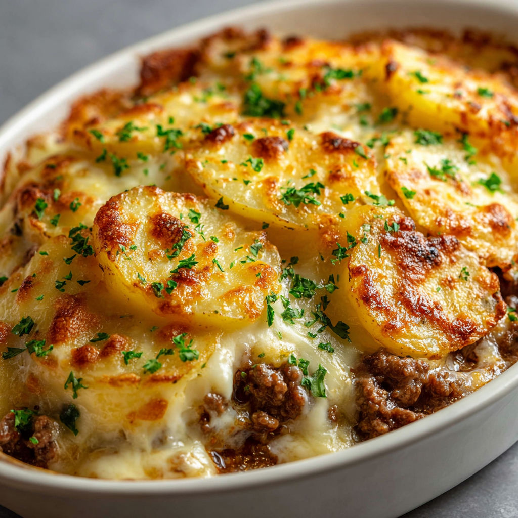 A white bowl filled with a hobo casserole.