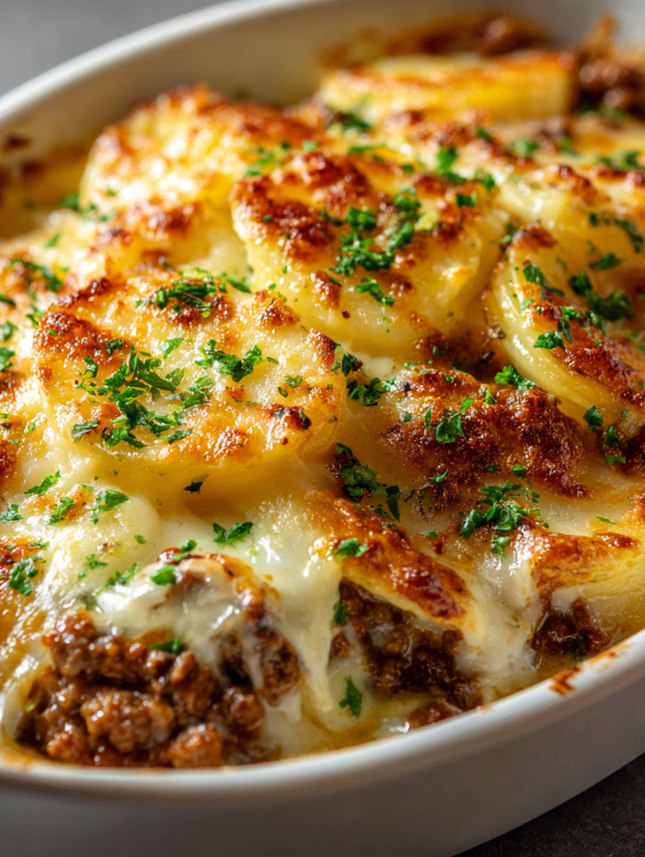 A close up of a delicious hobo casserole with ground beef and potatoes.