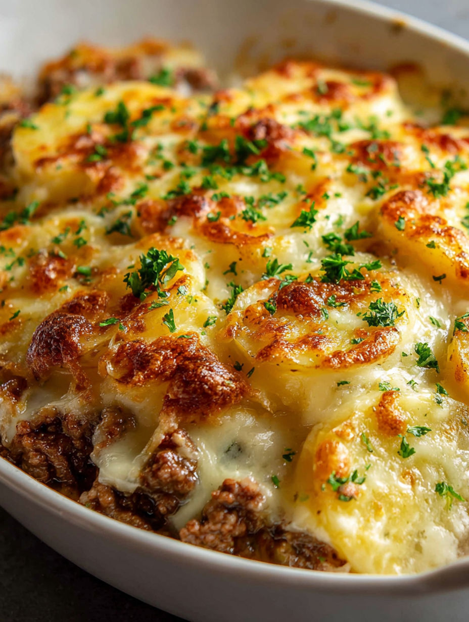 A close up of a hobo casserole with ground beef and potatoes.