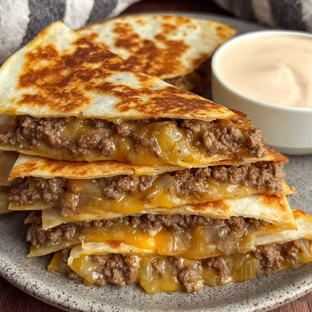 A plate of cheeseburger quesadillas with a side of dip.