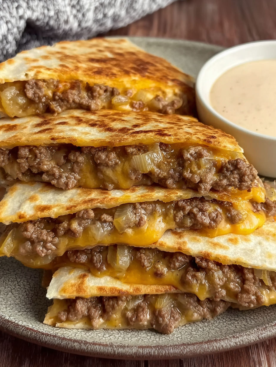 A stack of cheeseburger quesadillas with a bowl of dip sauce.
