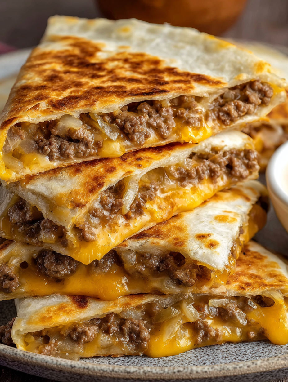 A stack of cheeseburger quesadillas with a dip sauce.