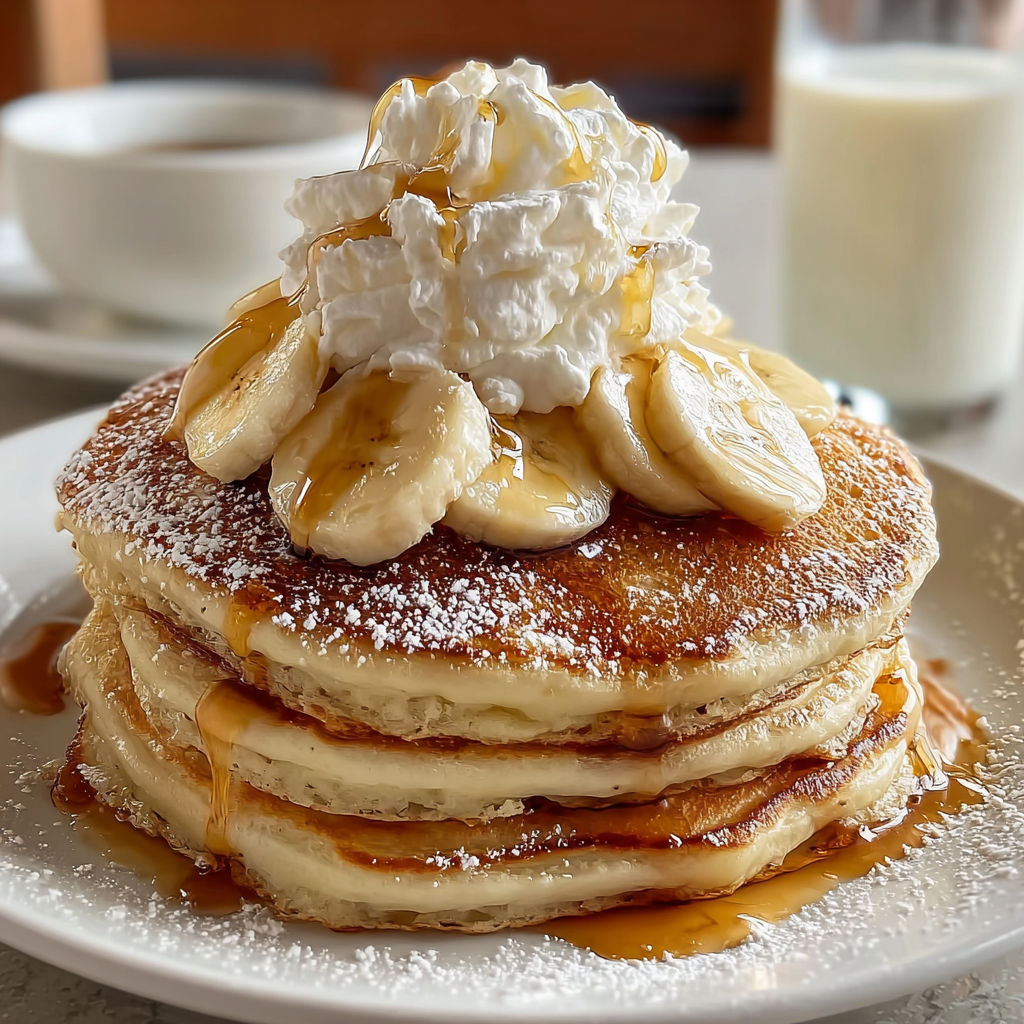 A stack of banana pancakes with whipped cream on top.