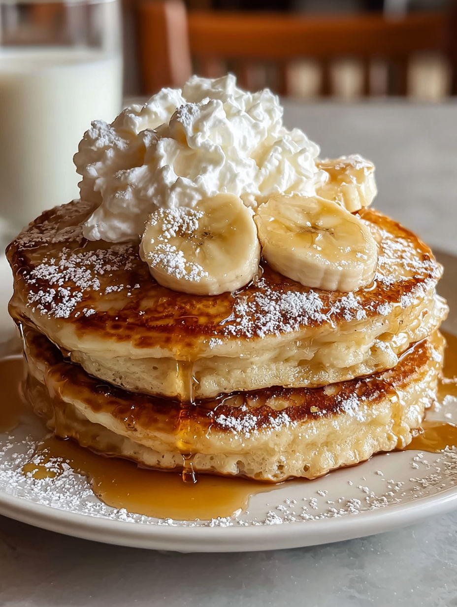 A stack of banana pancakes with whipped cream on top.