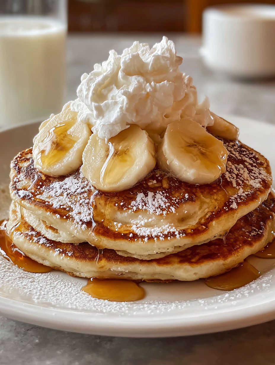A stack of banana pancakes with whipped cream on top.